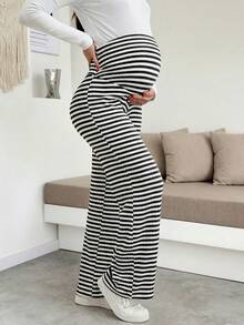 Maternity High Waist Gray & White Striped Elastic Knit Wide Leg Pants, High Waist Belly Support Design, Comfortable & Breathable, Suitable For Casual & Work Wear Spring - Grey - View 6