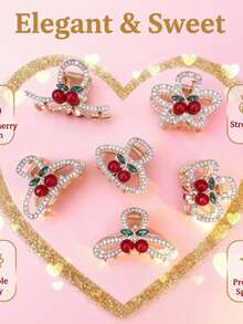 1 قطعة مشبك شعر نسائي أنيق مزين بكريستال 3D على شكل كرز - قوي ولا يزلق، أنيق للاستخدام اليومي/المواعدة/الحفلات/الزفاف