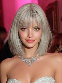 12-Inch Elegant Short Light Grey Straight Wig With Bangs , Heat-Resistant Synthetic Fiber Wigs For Women,For Daily,Party,Cosplay&Festavil Ready - Light Grey - View 1