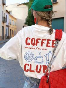 女士休闲圆领短袖咖啡色英文印花T恤，简约设计，百搭日常穿着