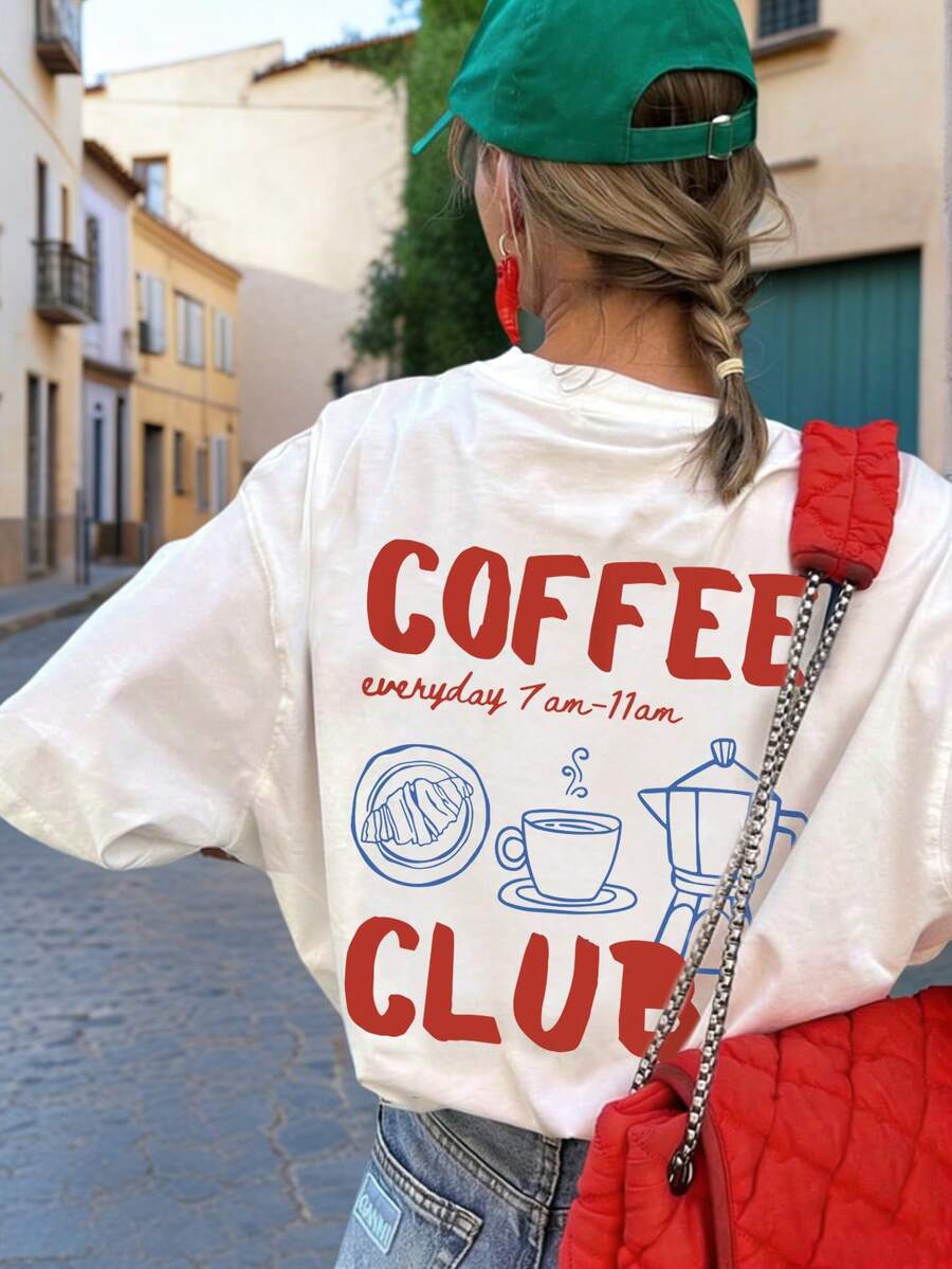 女士休闲圆领短袖咖啡色英文印花T恤，简约设计，百搭日常穿着