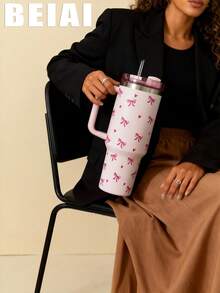 1pc 1200ml (40oz) Large Capacity Heart & Bow Themed Tumbler With Handle, Stainless Steel Vacuum Insulated Cup, Suitable For Travel, School, Office, Outdoor, Gym, Home, Great Gift For Valentine's Day, Holidays, Birthday (With Straw) - Multicolor - View 14