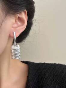 1 Pair Unique 3D Caged Moon Vintage Earrings, Minimalist Hollow Out Elegant Earrings For Women - Antique Silver - View 5