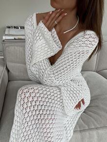 性感V领镂空针织修身长袖沙滩裙，沙滩裙，女士度假装，度假连衣裙，沙滩套装，春夏度假装 - 杏色 - 查看 4