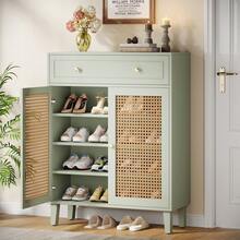 Tribesigns Shoe Cabinet With Doors And Drawer, 6 Tier Modern Boho Shoe Organizer Storage Cabinet With Adjustable Shelf, Rattan Tall Shoe Rack Cabinet For Entryway, Living Room, Mint Green - Mint Green - View 1