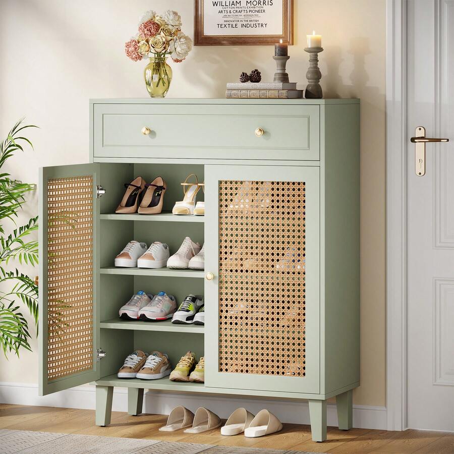 Tribesigns Shoe Cabinet With Doors And Drawer, 6 Tier Modern Boho Shoe Organizer Storage Cabinet With Adjustable Shelf, Rattan Tall Shoe Rack Cabinet For Entryway, Living Room, Mint Green - Mint Green - View 1