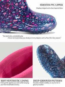 Women's Black Floral Print Mid-Calf Boots With Fur Trim, Casual Daily Style Shoes - Multicolor - View 6