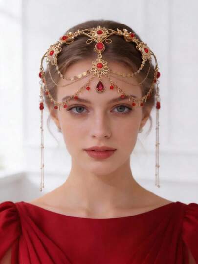 1件装女士红色水晶流苏头饰，新娘婚礼头箍，派对/活动发饰