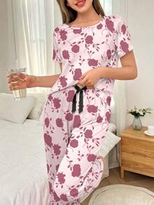 Women's Casual Floral Print Pajama Set - Multicolor - View 3