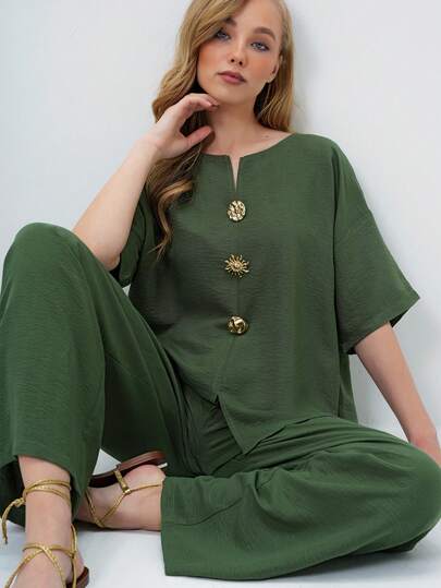 Women's Casual Green Two Pieces Outfit With Half Sleeve Blouse And Long Pants Round Neck Button Front Detail Medium Stretch Fabric