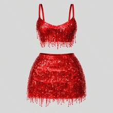 Women's Carnival Outfit: Top And Skirt With Fringe And Sequins, Glitter For Parties - Xanh ngọc lam - Xem 8