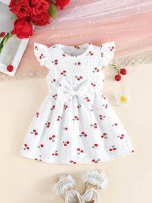 2件套女婴可爱樱桃印花休闲连衣裙套装 - 紅色 - 查看 5