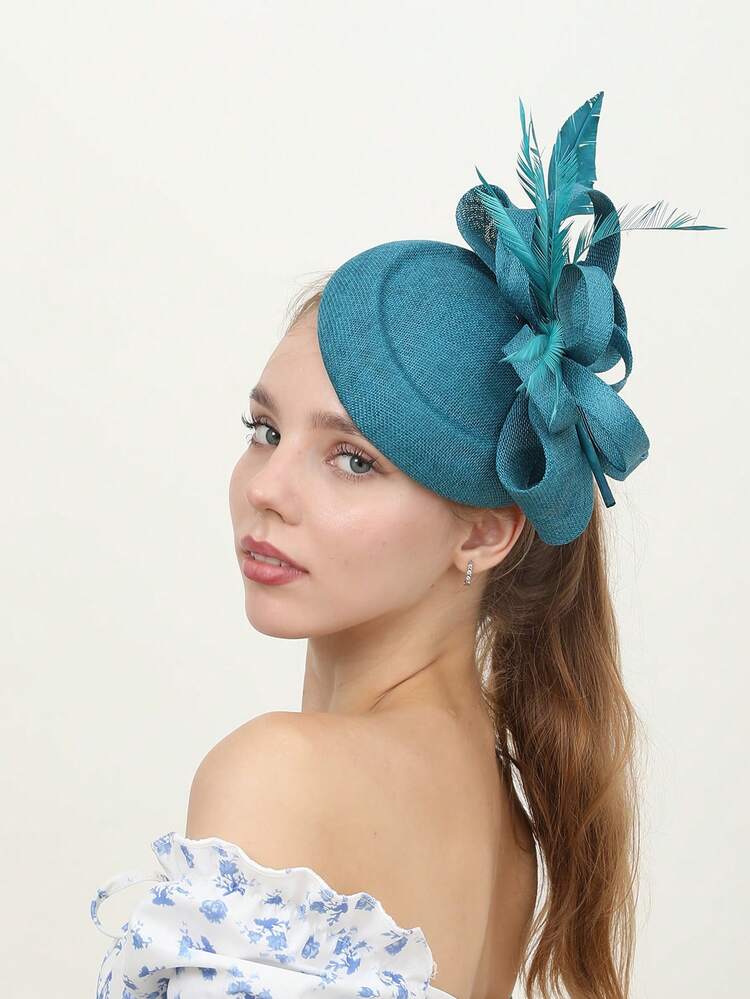 1 pièce Chapeau de style bohème élégant de palais de style avec nœud, coque de couleur unie, voile en polyester avec plumes. Convient pour les courses, enterrement de vie de jeune fille, mariage, fête de Noël, garden party - Multicolore - Voir 16