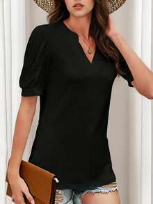 Women's Solid V-Neck Short Sleeve Casual Top, Minimalist Daily Wear - Black - View 2
