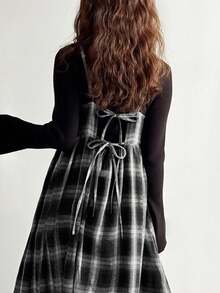 新款格子中长连衣裙，女士春夏款 - 黑色 - 查看 3