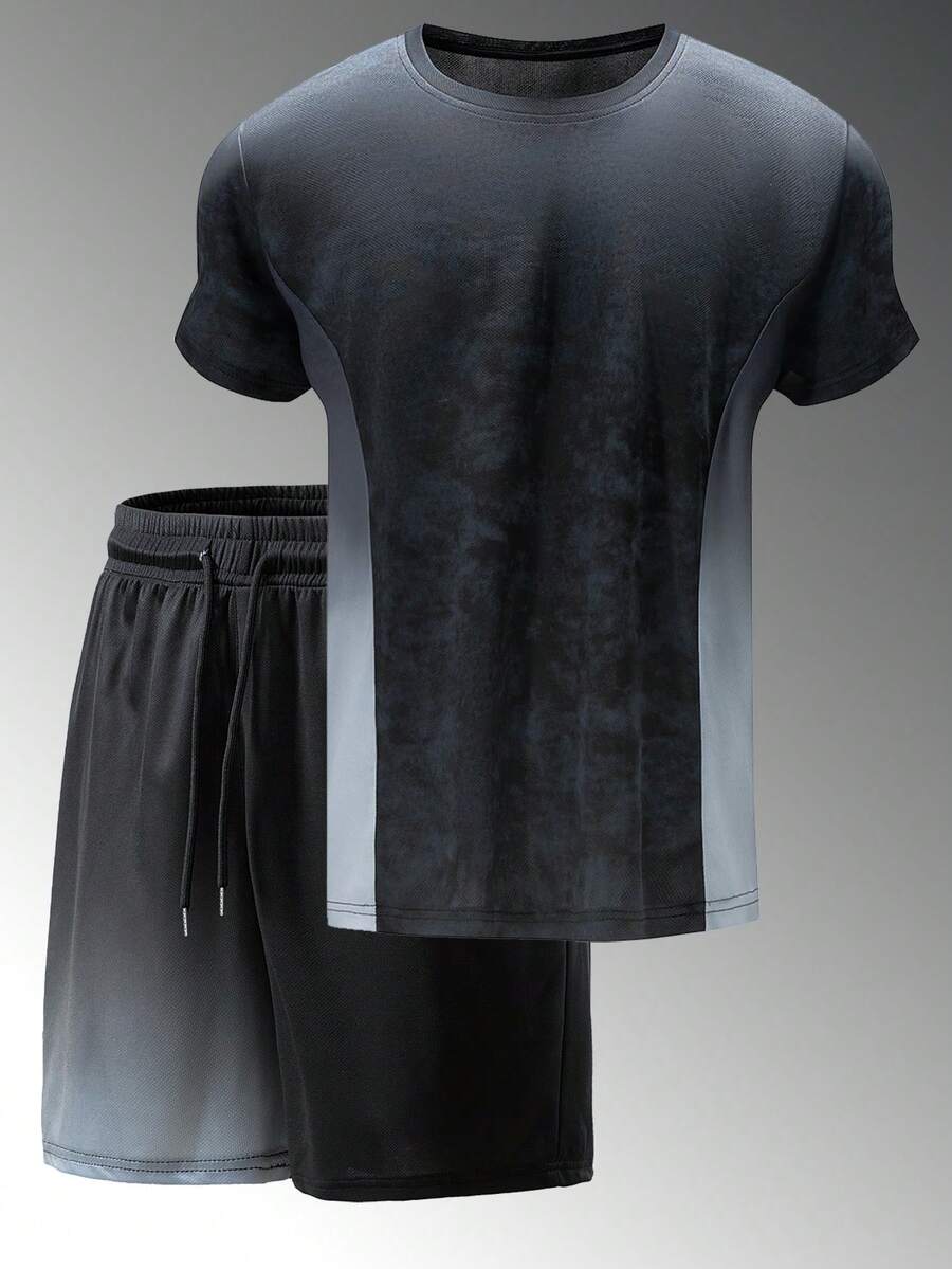 2pcs Men's Sports Suit, Comfortable Round Neck Gradient Color T-Shirt For Spring And Summer, And Sporty Slightly Elastic Breathable Shorts, Suitable For Gym Fitness And Outdoor Running - Grey - View 1