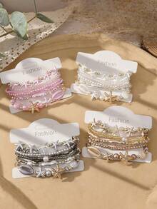 8 Pieces Bohemian Vacation-Style Starfish Shell Crystal Pearl Bracelet Set, Suitable For Women To Wear During Vacations And Music Festivals - Multicolor 2 - View 6