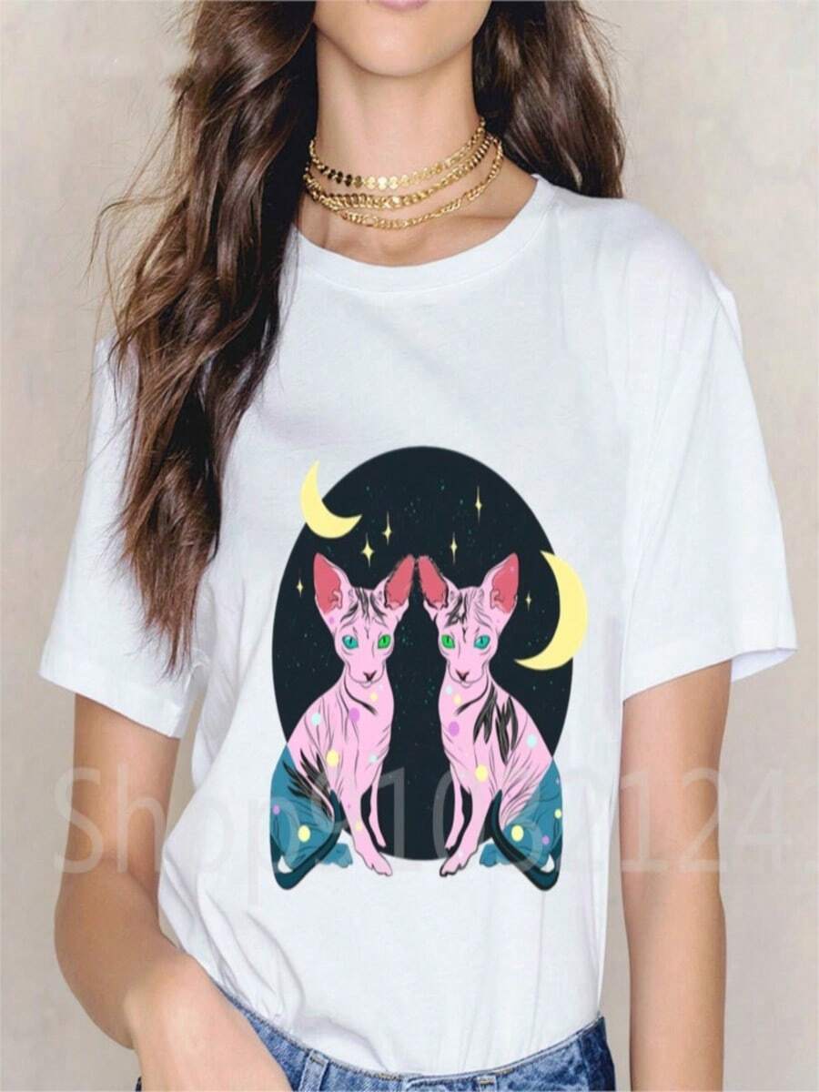 COOL SUMMER Sphynx Cats T-Shirts Printed Cartoon Cat T Shirts Funny Short SLeesve Female Tops Tees Harajuku Vintage Women's T-Shirt Clothing - 白色 - 查看 1