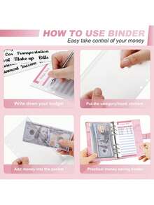 Pink Marble Design (Outer Shell) + 8 Zipper Pouches + A6 Cash Budget Cards (12pcs) + 2pcs English Stickers + Snap Button Label Sticker, A6 Loose-Leaf PU Leather Notebook - Multicolor - View 5