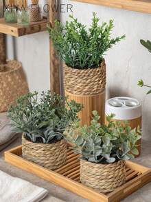 3pcs/Set Artificial Woven Mini Planters: Eucalyptus, Rosemary, And Mimosa Artificial Plants In Different Shapes, Seagrass Ropes, Gifts, Artificial Plants, Grass Mounds, Green, PE Material, Polyester Fiber Material, Handmade, Wedding Decor, Graduation Gift Decor, Valentine's Day, Easter Decor, Home Decor - Green - View 11