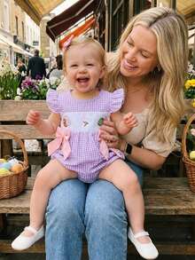 Infant Baby Girl Easter Romper Flying Sleeve Crew Neck Cute Bunny Embroidery Plaid Print Bow Decor Jumpsuit - 紫色 - 查看 7