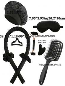 9/8/7/6/1 件套粉色/黑色/紫色美发造型工具套装,包含1把空心梳、1个卷发棒、1套丝质免烫卷发器、1个夜间卷发器、1个柔软睡眠眼罩、1个双滚轮按摩器、1个心形刮痧板。返校必备。产品包含卷发棒。 - 黑色 - 查看 9