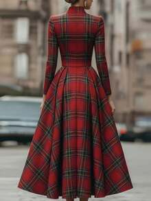 Vestido largo estampado 2026 estilo Occidental | Cuello erguido, manga larga, cremallera, casual elegante - Rojo - Ver 2