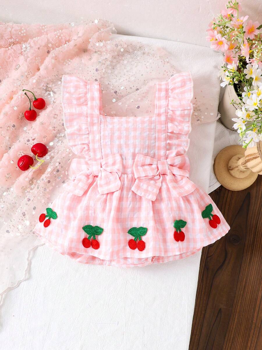 1pc Toddler Girls' Cute Sweet Cherry Plaid Bodysuit, Lightweight Summer - Pink - View 1