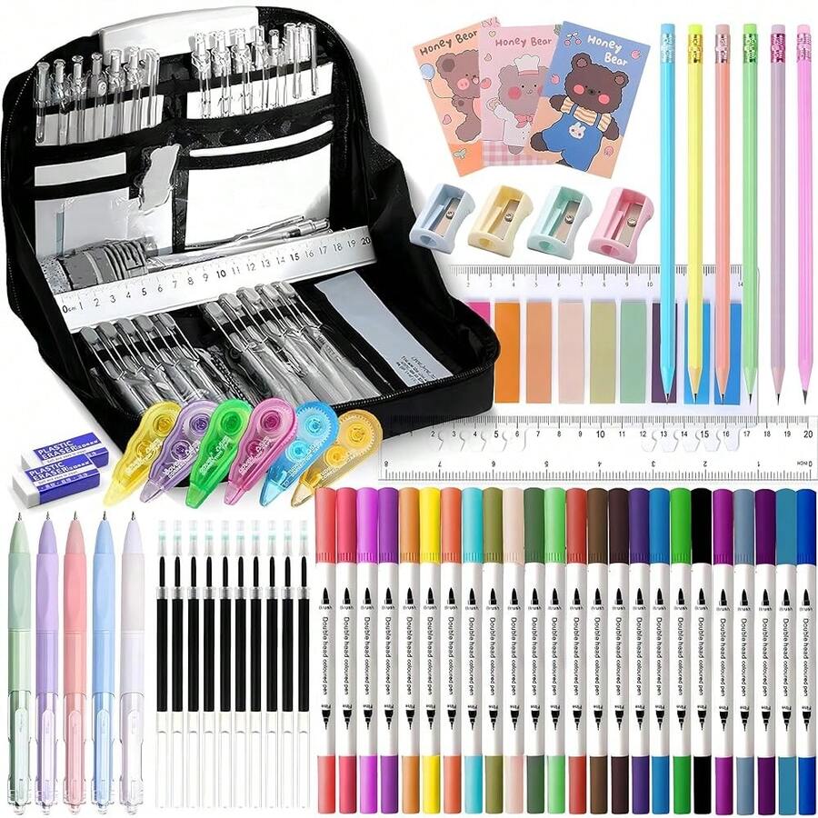 56 PCS Aesthetic Schoolsss Supplies With Large Pencil Case, 24 Double Brush Marker Pens, 5 Black Ink Gel Pens, 6 Macaron Pencils, 4 Sharpeners, Sticky Notes, Ruler, Erasers, Stationery Gift - 黑色的 - 查看 1
