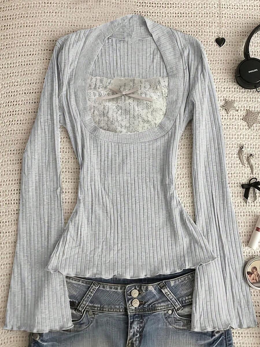 休闲罗纹拼接蕾丝喇叭袖T恤 - 灰色 - 查看 1