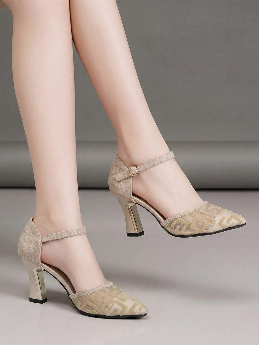 Women's New Thick Heel Strap Rhinestone Hollow Pointed Toe Pumps, Spring/Summer - Apricot - View 1