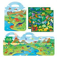 一套儿童可重复使用贴纸书，包含3个可折叠场景，旅行主题贴纸书，生日礼物，教育类书籍（公主+美人鱼+交通工具+动物+宠物+海洋+农场+职业+恐龙），贴纸书，可重复使用贴纸书，旅行主题贴纸书，农场主题贴纸，书籍贴纸，故事书 - 彩色 - 查看 8