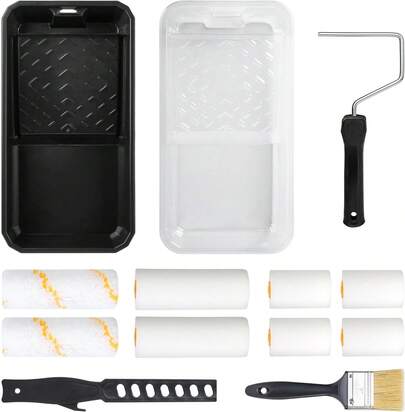 13Pcs Small Paint Roller Set, 4 Inch & 2 Inch Roller Sets For Painting, Paint Rollers And Trays Sets With Stirring Stick, Frame, Brush For Painting Wall, Ceiling, Door, Floor