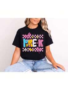 Women's Summer Shirts Pre-K Teacher Shirt, PreK Teacher Gift, Preschool Squad Tee, Teacher Team Shirt Oversized Tshirts For Women Oversized Graphic T-Shirts Casual Round Neck Short Sleeve Tee 1pcs Fashion Shirt - Black - View 1