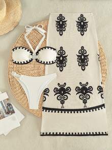 Bộ bikini 3 mảnh phong cách Bohemian thanh lịch, có dây đeo điều chỉnh được, cổ chữ V, thích hợp cho kỳ nghỉ của phụ nữ. - trắng - Xem 1