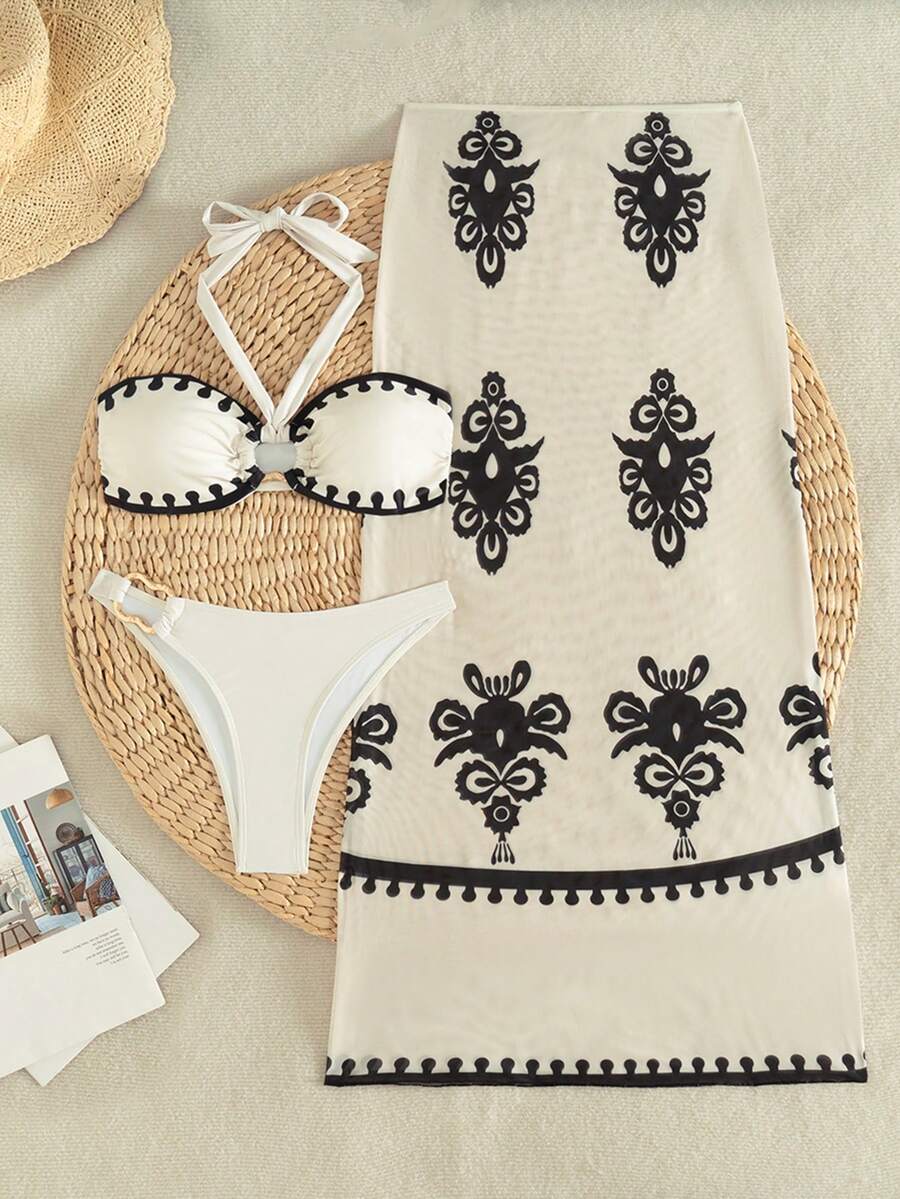 Bộ bikini 3 mảnh phong cách Bohemian thanh lịch, có dây đeo điều chỉnh được, cổ chữ V, thích hợp cho kỳ nghỉ của phụ nữ. - trắng - Xem 1