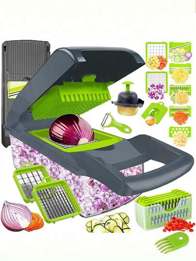 16pcs Vegetable Chopper With Container | Cheese Grater Salad Slicer Shredder Cabbage Mincer Stainless Steel French Fry Cutter Suitable For Vegetables, Onions, Potatoes, Fruits, Manual Cooking Tools For Kitchen, Party, Birthday, Outdoor