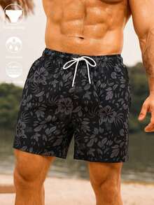 Manfinity Swimmode Floral Print Casual Beach Shorts Men, Black Swim Trunks, Black Hawaiian Floral Print Swim Shorts Men - Gris - 查看 9