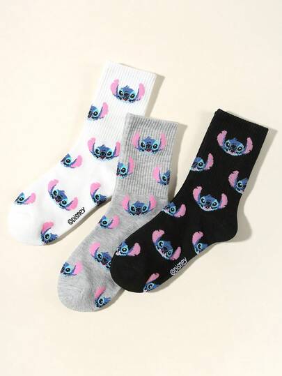  1/3 Pair Disney Classic Black, White & Gray Mid-Calf Socks, Featuring Cute Stitch Cartoon Pattern Decoration, Personality Fashion Breathable Sweat-Absorbent Comfortable Durable Sports Socks, Soft Skin-Friendly Versatile Mid-Calf Socks, Suitable For Couples Gift, Sports Outfit, Party, Vacation