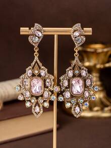 1 Pair Of Vintage Rhinestone-Encrusted Hollow Diamond-Shaped Earrings, Elegant And Retro, Suitable For Daily Wear By Women, Perfect Gifts For Girlfriends And Mothers, And Ideal Accessories For Dance Parties - Pink - View 2