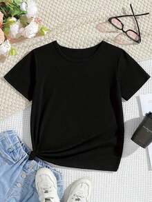 Just A Girl Who Likes K-POP "Cat Headphone Pattern Printed T-Shirt,  And Fashionable Korean Wave Girl Clothing, Casual And Fashionable Affordable Girl Fashion Brand T-Shirt, Girls' Clothing, Girls' Children's Clothing For Spring, Summer And Autumn - 黑色 - 查看 2