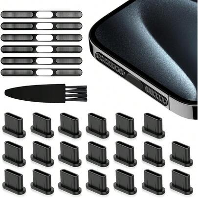 Bộ 20 nắp đậy chống bụi cho cổng USB-C, 6 miếng dán bảo vệ loa bằng kim loại, phù hợp với 17, 16/15 Pro Max Plus, kèm phụ kiện cọ vệ sinh.