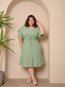 Batwing Dress Plus Size Midi Short Sleeve Duna Fabric Size U/G1 Fits Sizes 44 To 50 With Front Buttons Elegant Fashion Simple Casual Stylish Party Hem With Ruffle Buttons At The Front Knot Wedding - 薄荷綠 - 查看 1