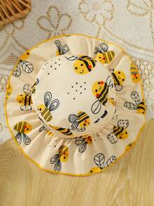 2件套女婴休闲日常甜美可爱黄色编织连帽泡泡袖蜜蜂印花拼接黄色网纱连衣裙和印花帽子套装，夏季 - 黃色 - 查看 8