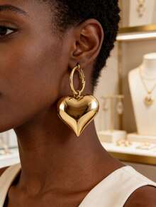 1 Pc Women'S Glossy Heart Design Dangle Earrings - Simple Elegant Stainless Steel Jewelry, Lightweight Comfort Fit, Perfect Valentine'S Day Gift & Thoughtful Present For Moms On Mother'S Day - 金色 - 查看 6