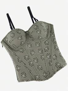 紧身胸衣上衣，配有可调节细肩带，花卉印花腰部训练紧身胸衣，适合女士修身塑身衬衫，适合晚会或舞会 - 灰色 - 查看 5