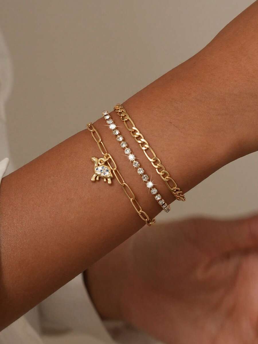 Tkool 3件套女士手链套装，波西米亚夏季海滩风，包含镀金多层基础链、费加罗链、网球锆石链、回形针链、铜镶嵌蓝色锆石海龟吊坠多层叠戴手链，海洋动物叠戴手链饰品礼品 - 金黃色 - 查看 1