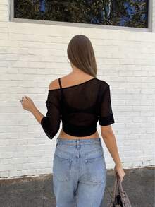 Áo cardigan ngắn tay nữ màu trơn tối giản, khoét lỗ, vai bất đối xứng, thích hợp mặc hàng ngày và đi nghỉ mát, màu đen mùa hè. - màu đen - Xem 6