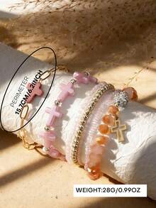 7-Piece Bohemian Vacation-Style Cross Bowknot Crystal Bead Bracelet Set, Suitable For Ladies To Wear During Vacations And Music Festivals - Multicolor 2 - View 6