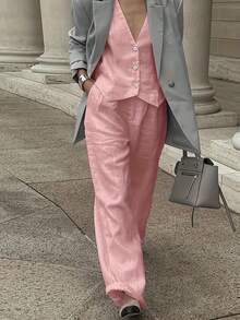 女士春季新款套装，纯色休闲优雅可爱前扣口袋，适合度假、日常、约会、街头、办公穿着 - 粉色 - 查看 5